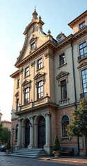 Renaissance-inspired facade with classical elements, pilasters, cornice