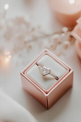 Closeup photo of a diamond ring with a heart shaped design, in a satin pastel pink ring gift box, on a table with romantic modern pastel decor.