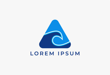 Fototapeta premium blue triangle wave logo. Modern Minimal letter A usable for Company, Corporate, Business Brand related with sea, ocean, beach, holiday, summer, surfing, nature, wet, splash.