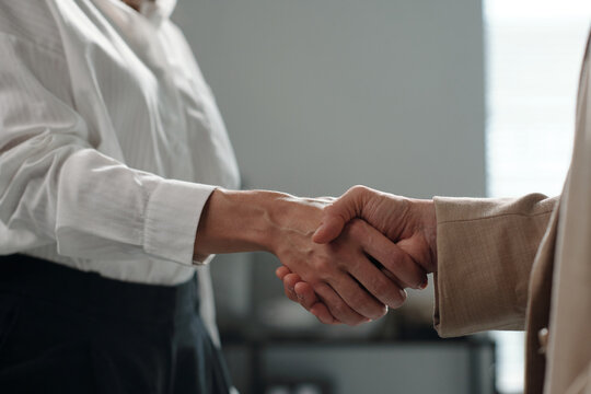 Close-up of handshake of two female entrepreneurs after negotiating and signing new business contract