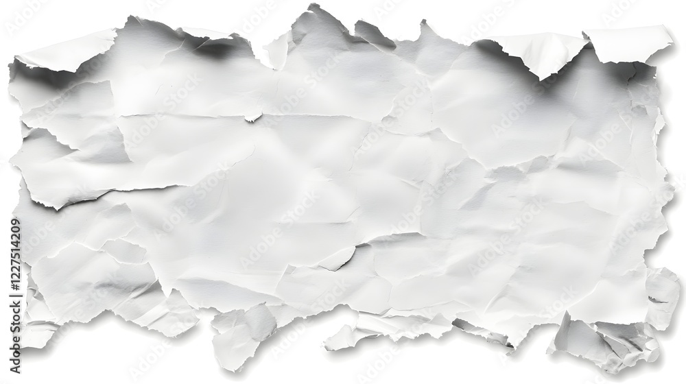 Poster closeup view of a collection of ripped torn and fragmented white paper pieces with natural irregular