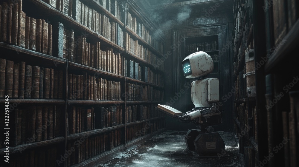 Poster A robot exploring an abandoned library, scanning dusty books on shelves, surrounded by rows of forgotten knowledge in a dimly lit, mysterious atmosphere