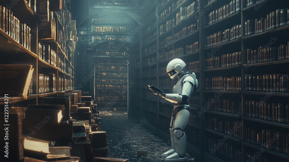 Poster A robot exploring an abandoned library, scanning dusty books on shelves, surrounded by rows of forgotten knowledge in a dimly lit, mysterious atmosphere