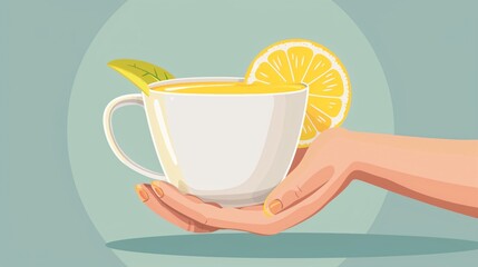 Refreshing Tea with Lemon Slice in Ceramic Cup - Cartoon Hand Holding - Stock Photo