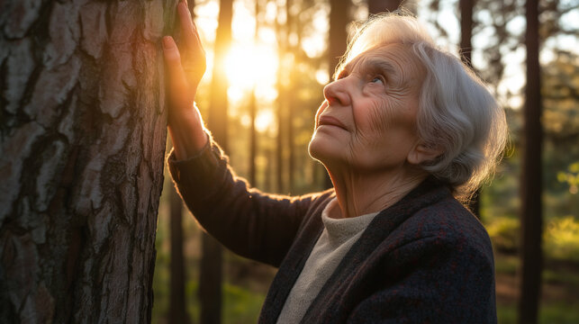 An old woman lost in the forest walking among the trees looking for the way out
