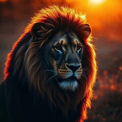 Fototapeta premium Elegant lion bathed in warm golden hour light, showcasing rich burgundy and deep blue tones 