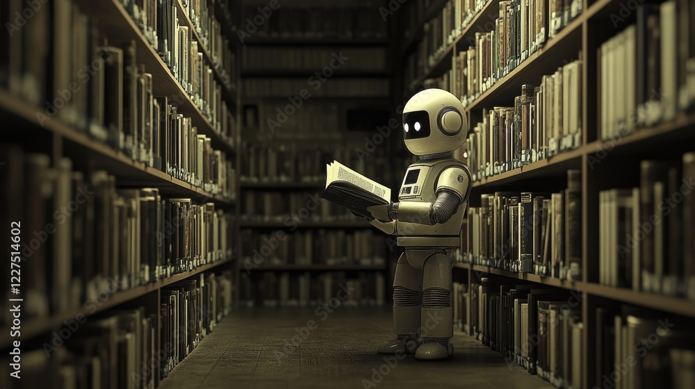 Poster a robot standing in the middle of a deserted library, absorbed in a book, amidst rows of untouched l