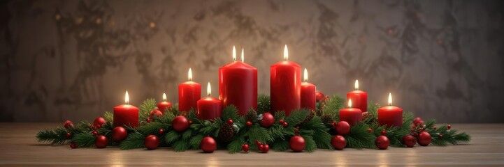 Red candles in a festive garland with evergreen branches, evergreen branches, festive decoration, cozy ambiance
