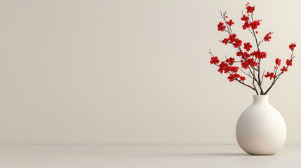 Elegant Red Blossom in Minimalistic Vase for Clean and Happy Chinese New Year Celebration