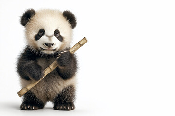 Naklejka premium Adorable baby panda holding a bamboo stick, set against a clean white background, evoking playfulness