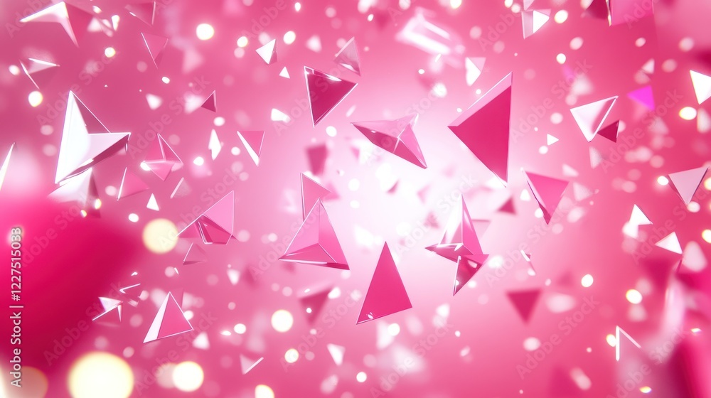 Poster abstract pink background with floating geometric shapes and soft glow