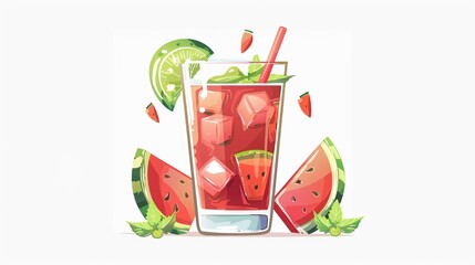 Refreshing Watermelon Drink in Cartoon Style, Summer Cocktail Glass Icon