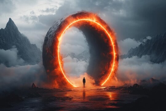 A magical glowing portal that is shutting while a lone figure stands on the outside, symbolizing exclusion from a mystical opportunity