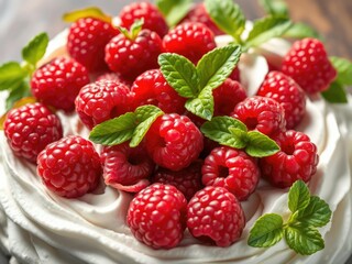 Raspberries and fresh mint leaves intertwined on a bed of whipped cream, sweet treats, whipped cream desserts, fresh raspberries