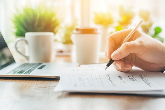 A parent filling out forms to confirm their child eligibility for a summer camp program, sitting at a kitchen table with a laptop and coffee mug