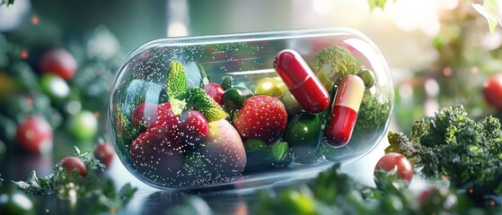 A futuristic food pill filled with vibrant vegetables and fruits, showcasing blend of health and technology. This innovative concept represents new era in nutrition and wellness