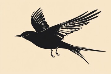 Fototapeta premium Elegant black silhouette of a bird in flight against a light backdrop at sunset. Generative AI