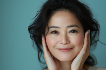 Naklejka premium A radiant Asian woman in her late thirties smiles while gently touching her face with both hands against a light blue background. Captured in an advertising photography style, the image highlights.