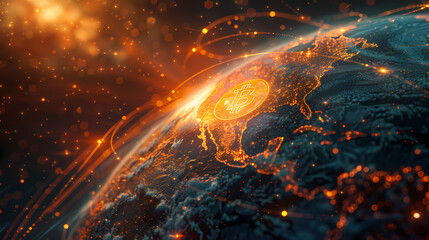 Fototapeta premium Golden Bitcoin Symbol on Planet with Global Network Connections, Business and Investment Background