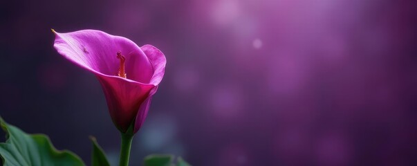 Obraz premium Purple calla lily stem with small leaves and flowers, detail, botanical, plant
