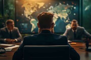 Corporate Executive Leading Strategic Business Meeting, Global Market Analysis On Digital World Map, Business Leadership And International Decision-Making In Modern Boardroom