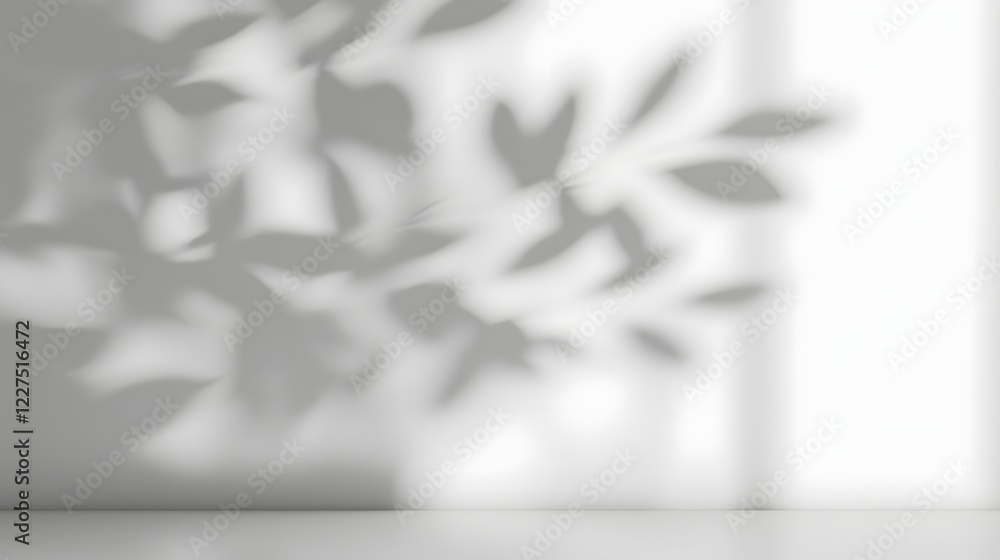 Poster Tranquil and natural tree leaves shadow design element with soft and subtle lighting on a bright white wall background creating a peaceful and stylish aesthetic