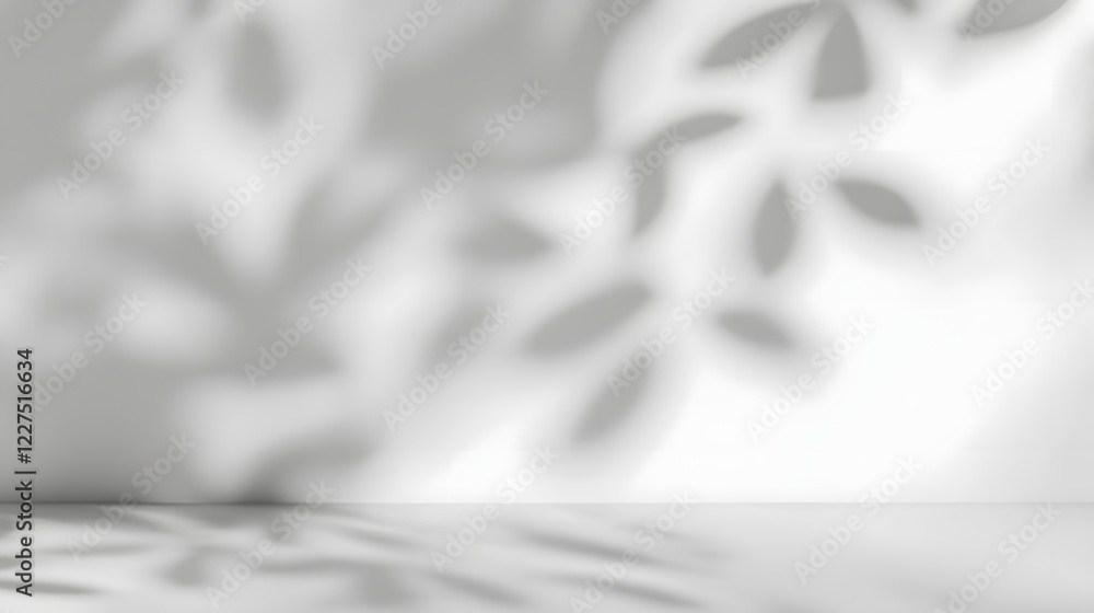 Poster Subtle and natural tree leaves shadow casting a peaceful and stylish design element on a bright white wall background with soft lighting creating a calming and modern aesthetic