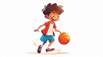 Young boy enjoying playing basketball game in cartoon style
