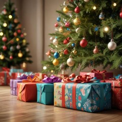 Presents wrapped in colorful paper under the Christmas tree, celebratory atmosphere, holiday treasures, merry moments