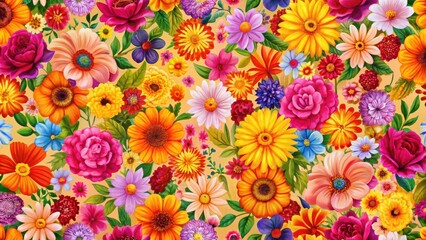 Colorful floral patterns with bright hues of pink orange yellow and purple, creating a lively atmosphere on wallpaper, festive decoration, floral art
