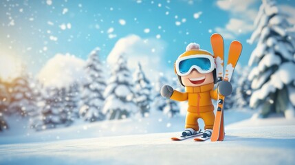 Cartoon happy skier in snow field in winter.