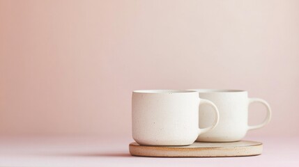 Elegant White Ceramic Coffee Mugs on a Pastel Pink Background