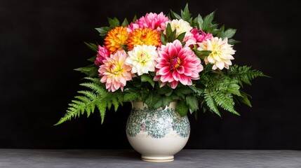 A vibrant bouquet featuring colorful flowers and lush green ferns in a decorative vase, perfect for interior design.