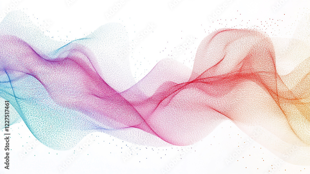 Poster colorful abstract wave patterns flowing smoothly across a white background, creating a serene atmosp