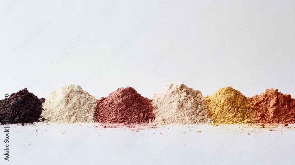 Poster a series of small heaps of powders and grains, forming a gradient of natural shades on a white surfa