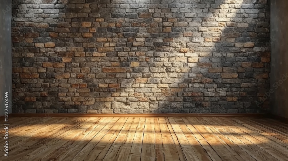 Poster empty room with stone wall and wooden floor illuminated by soft light creating a dramatic and serene