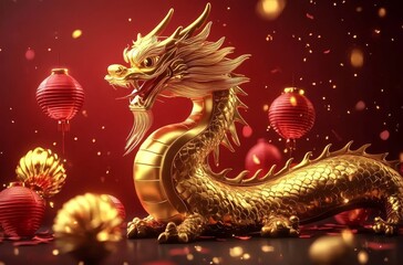 Fototapeta premium Festive Chinese lanterns accentuate the dragon motif.