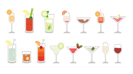 Set of drinks, cocktail color icons. Isolated vector illustration collection.