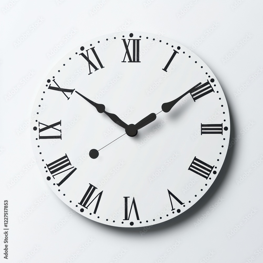 Poster elegant wall clock with roman numerals displaying time in a minimalist design on a light background.