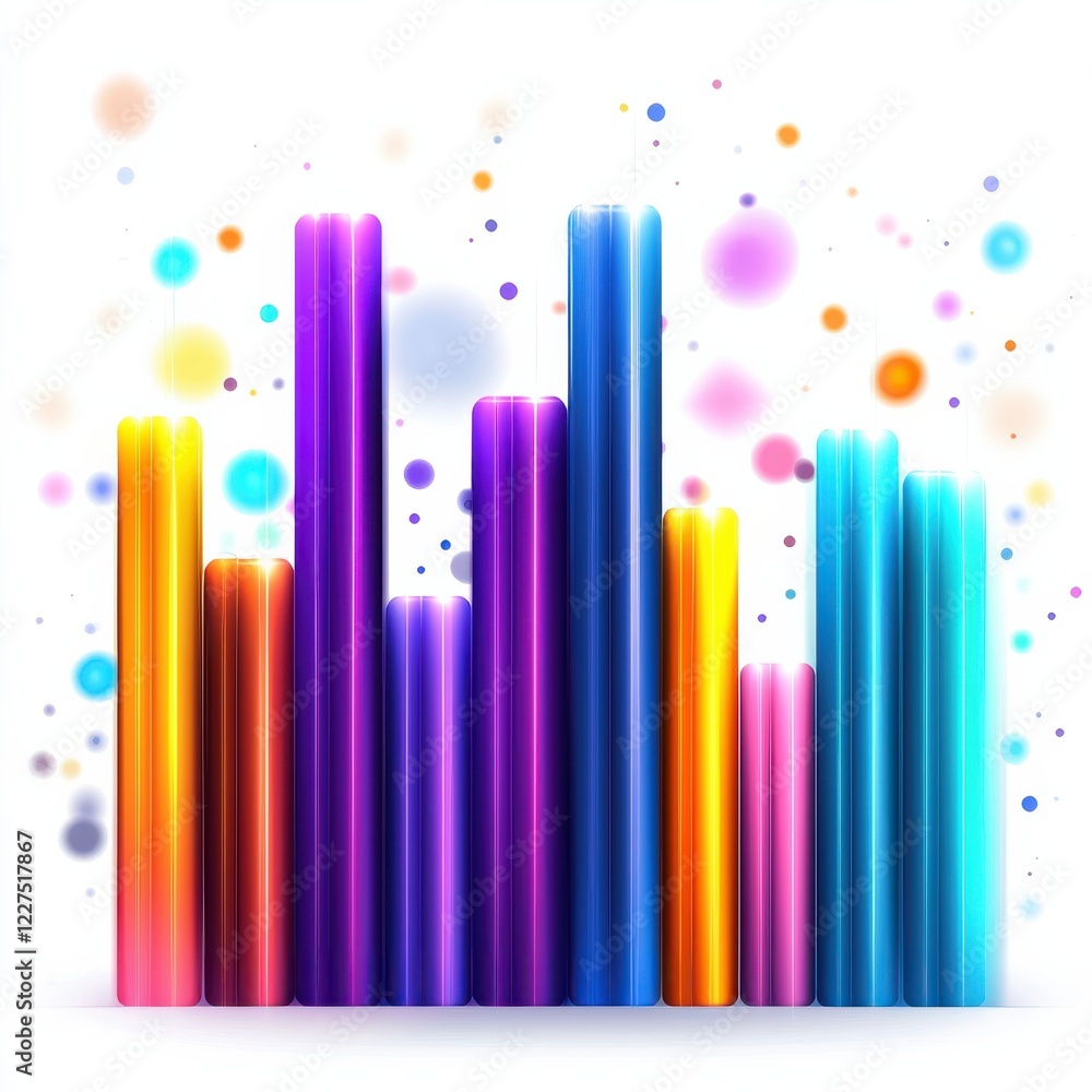 Poster a vibrant and colorful bar graph with varying heights, set against a backdrop of colorful bubbles, s