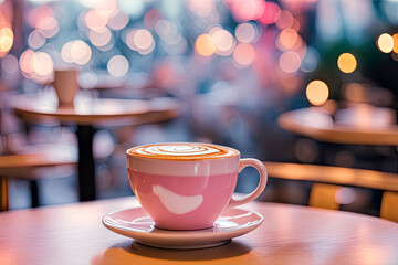Warm cup of coffee on a table with colorful bokeh lights in the background during evening time