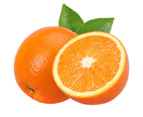 Orange fruit with leaves and half isolated, transparent PNG, PNG format, cut out
