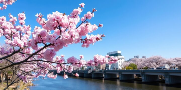 Pink cherry blossoms against a clear blue sky above the Meguro River, Meguro River, scenery