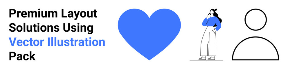 Blue heart, female character with mobile, simple user outline symbol. Ideal for branding, digital interfaces, marketing, social media, presentations, UIUX use flat landing page banner