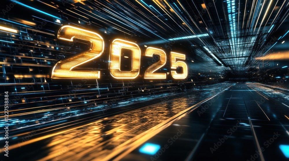 Poster a futuristic digital rendering of 2025 with metallic gold numbers and glowing lines