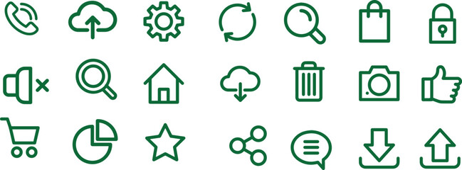 technology symbols, cloud computing, settings gear, magnifying glass, shopping cart, camera, thumbs up, download arrow, home icon, lock symbol, refresh icon, communication pictograms, mobile app