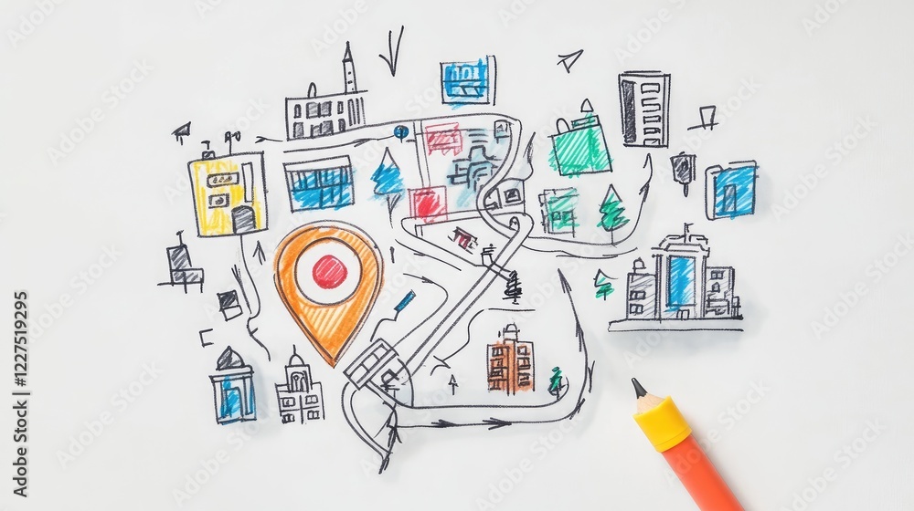 Poster a sketch of a map with pathways, buildings, and a bold search icon drawn on a plain white background