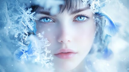 Enchanting Winter Beauty with Crystal Blue Eyes Surrounded by Snowflakes and Delicate Fish