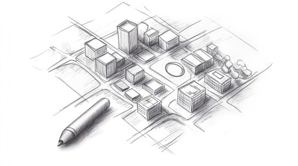 Fototapeta premium A sketch of a map with pathways, buildings, and a bold search icon drawn on a plain white background, symbolizing the journey of discovery and strategic planning