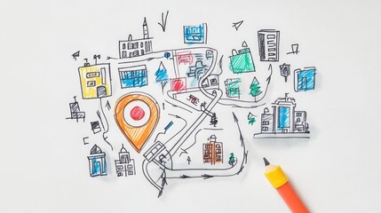 A sketch of a map with pathways, buildings, and a bold search icon drawn on a plain white background, symbolizing the journey of discovery and strategic planning